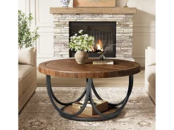 Mesa de Café Redonda com 2 Andares, Mesa de Cocktail de Acento Circular de 80Cm com Prateleira de Armazenamento