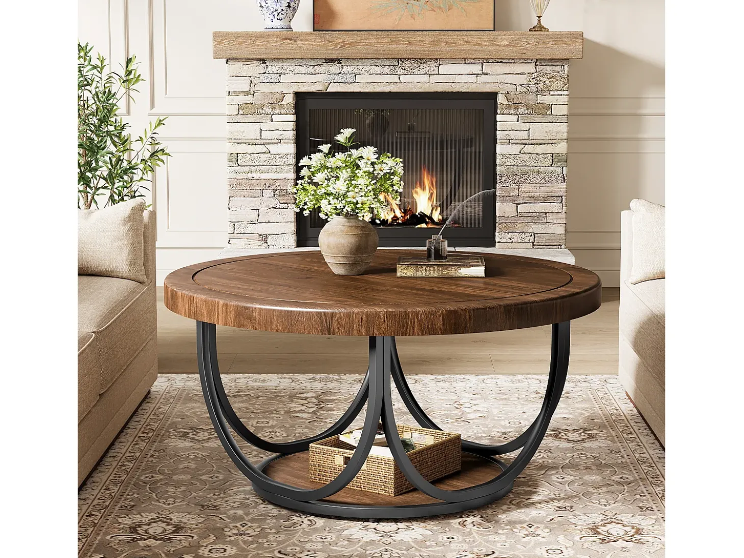 Mesa de Café Redonda com 2 Andares, Mesa de Cocktail de Acento Circular de 80Cm com Prateleira de Armazenamento