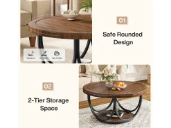 Mesa de Café Redonda com 2 Andares, Mesa de Cocktail de Acento Circular de 80Cm com Prateleira de Armazenamento