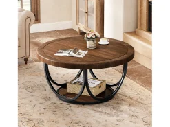 Mesa de Café Redonda com 2 Andares, Mesa de Cocktail de Acento Circular de 80Cm com Prateleira de Armazenamento
