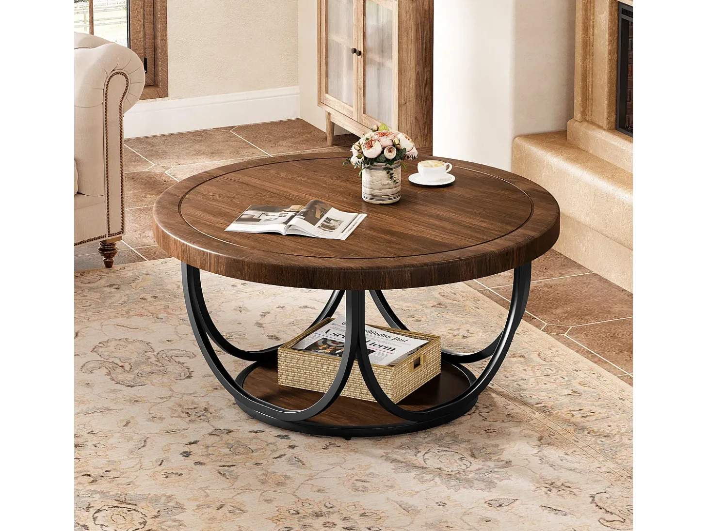 Mesa de Café Redonda com 2 Andares, Mesa de Cocktail de Acento Circular de 80Cm com Prateleira de Armazenamento