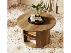 Mesa de café redonda com armazenamento, mesa central circular pequena de 80 cm para a sala de estar, marrom rústico