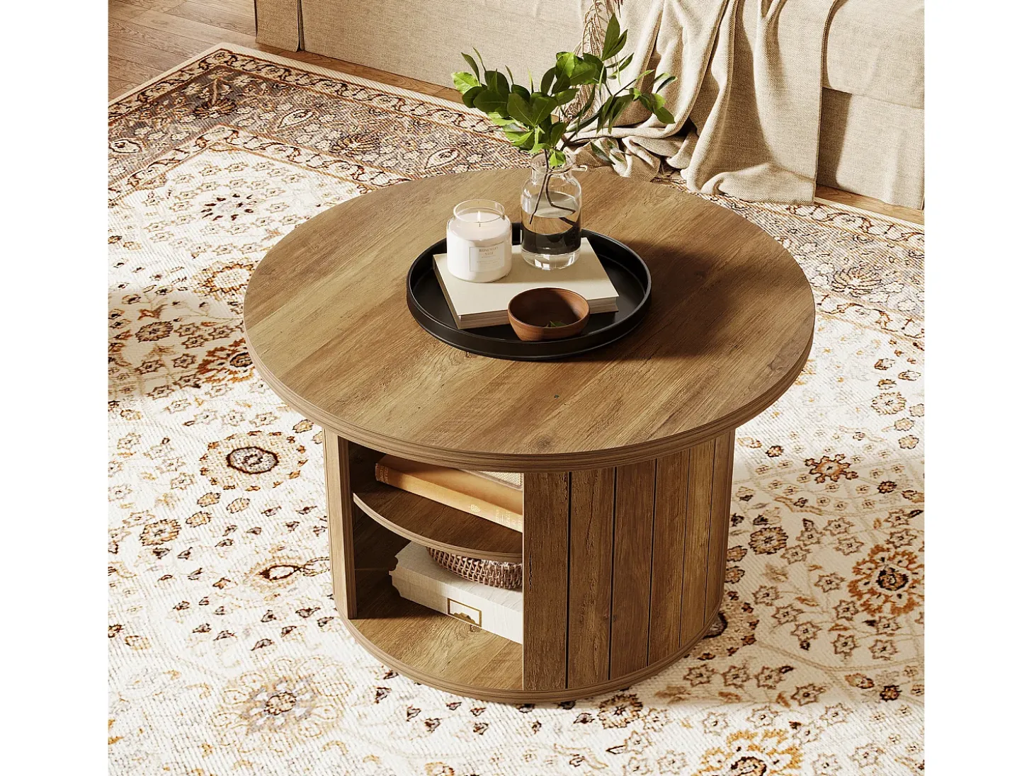 Mesa de café redonda com armazenamento, mesa central circular pequena de 80 cm para a sala de estar, marrom rústico