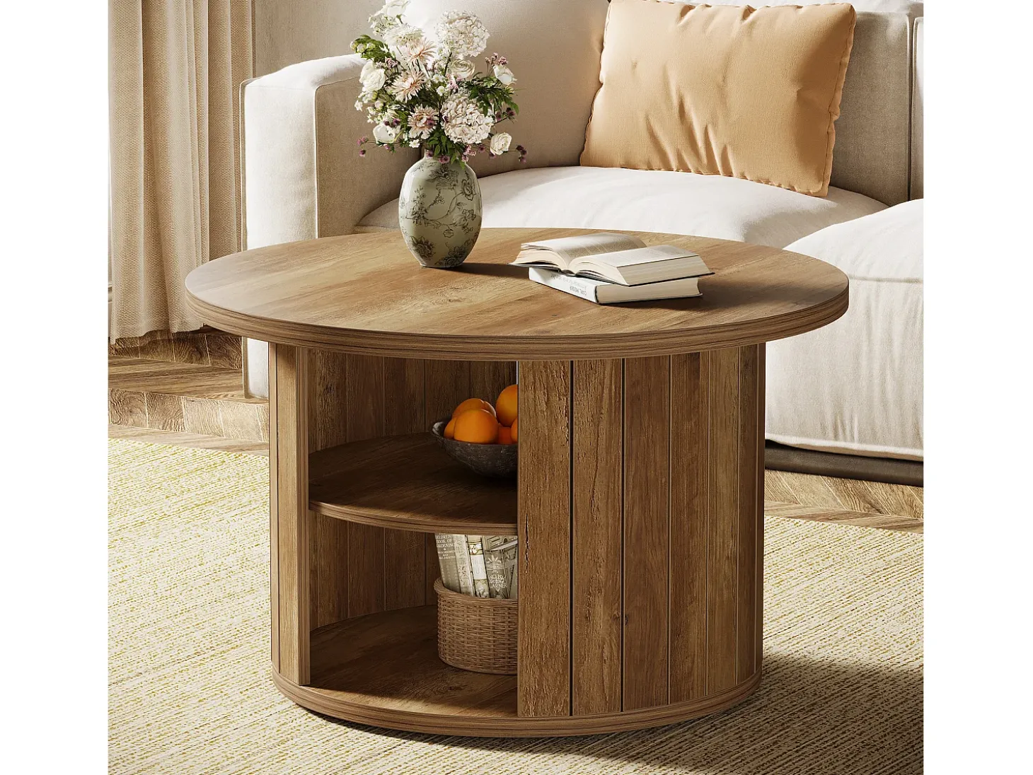 Mesa de café redonda com armazenamento, mesa central circular pequena de 80 cm para a sala de estar, marrom rústico