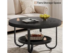Mesa de Café Redonda de 2 Camadas com Prateleira de Armazenamento para Sala de Estar, Preta