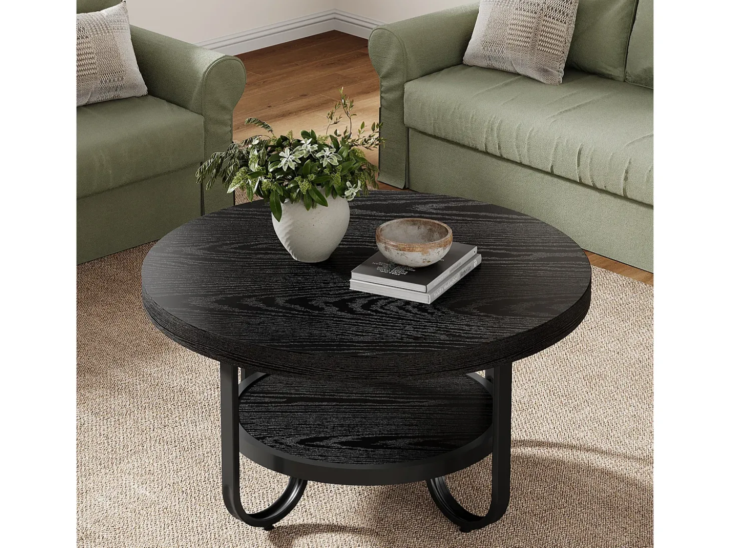 Mesa de Café Redonda de 2 Camadas com Prateleira de Armazenamento para Sala de Estar, Preta