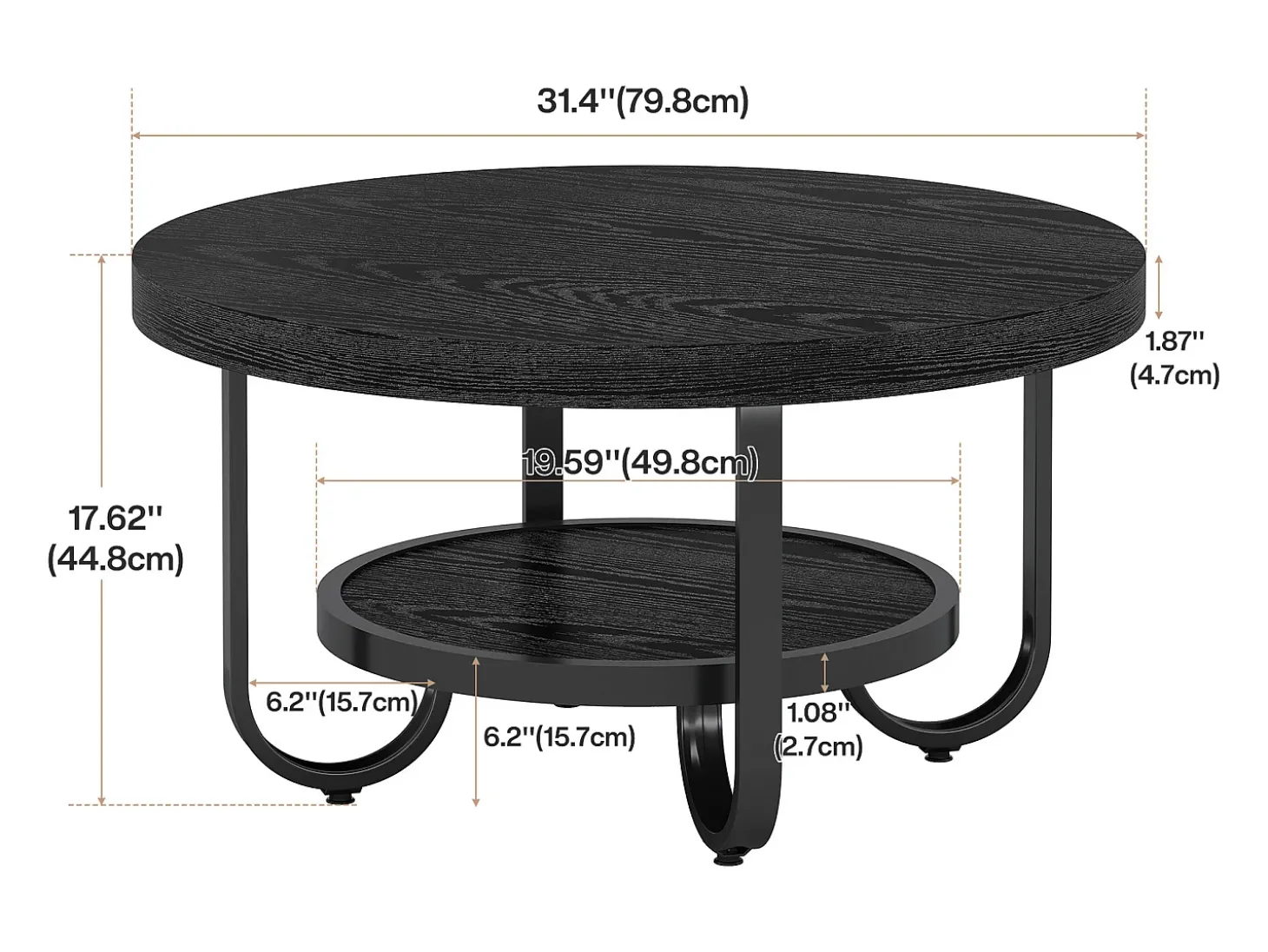 Mesa de Café Redonda de 2 Camadas com Prateleira de Armazenamento para Sala de Estar, Preta