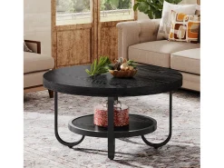 Mesa de Café Redonda de 2 Camadas com Prateleira de Armazenamento para Sala de Estar, Preta