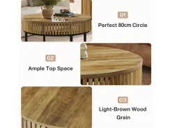 Mesa de Café Redonda de 80 cm, Mesa de Centro de Cocktail Circular Rural para Sala de Estar, Marrom Claro