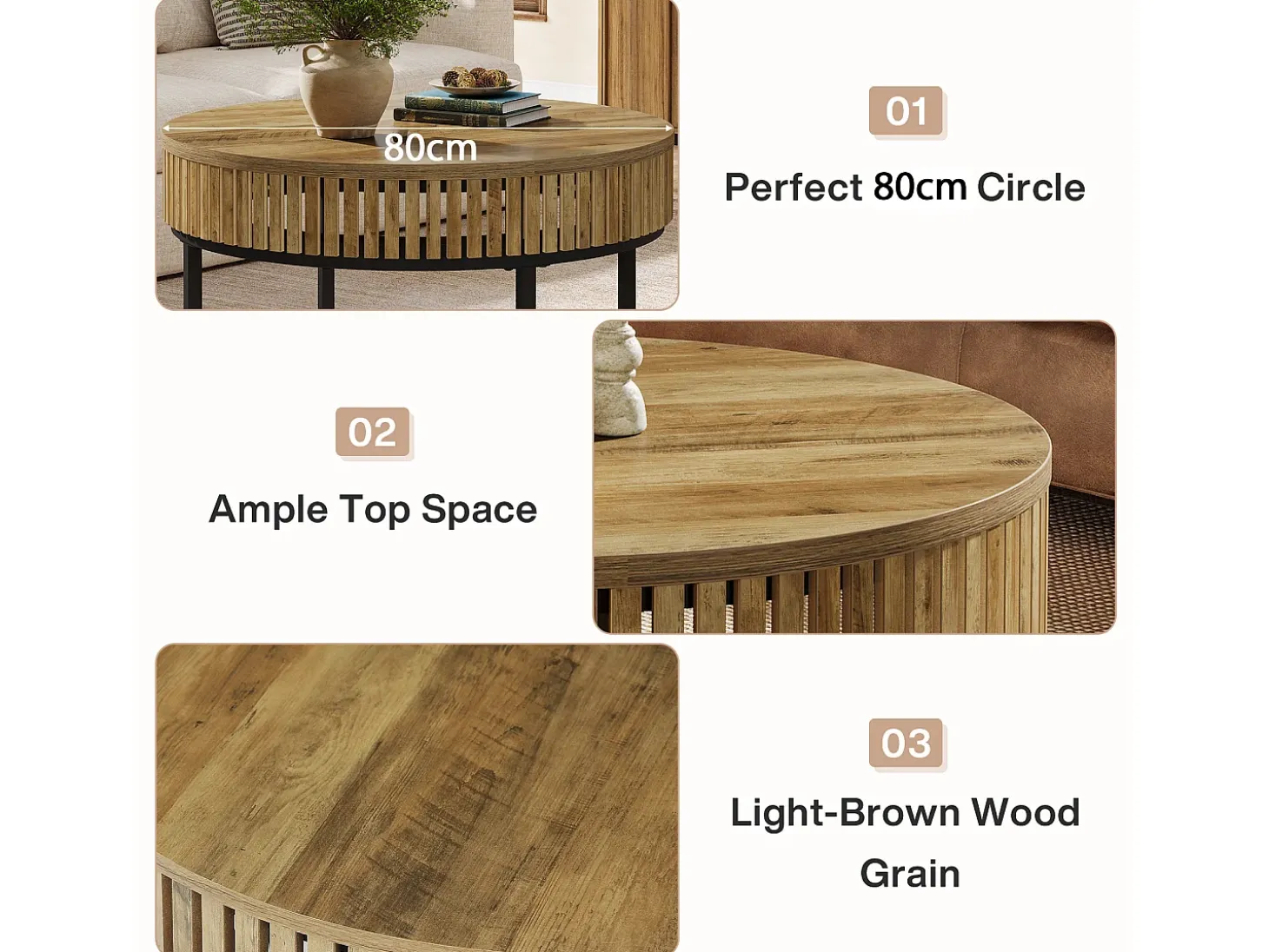 Mesa de Café Redonda de 80 cm, Mesa de Centro de Cocktail Circular Rural para Sala de Estar, Marrom Claro