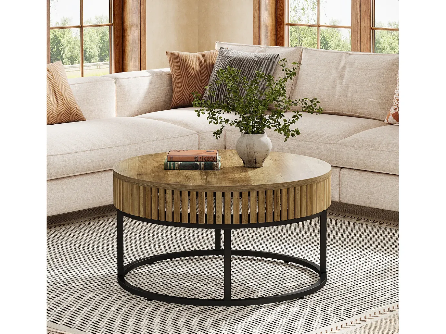 Mesa de Café Redonda de 80 cm, Mesa de Centro de Cocktail Circular Rural para Sala de Estar, Marrom Claro