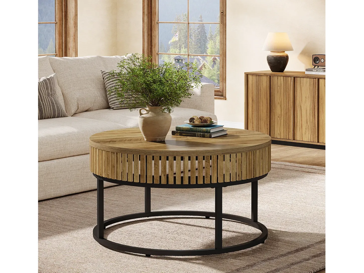 Mesa de Café Redonda de 80 cm, Mesa de Centro de Cocktail Circular Rural para Sala de Estar, Marrom Claro