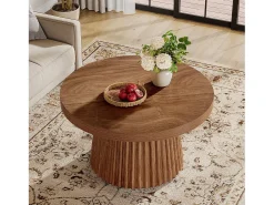 Mesa de café redonda de 80 cm com base de tambor estriado no estilo caseiro pequeno