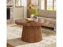 Mesa de café redonda de 80 cm com base de tambor estriado no estilo caseiro pequeno
