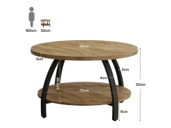 Mesa de Café Redonda de 80cm com Prateleiras de Armazenamento de 2 Andares, Mesa de Centro Pequena Rustica de Destaque