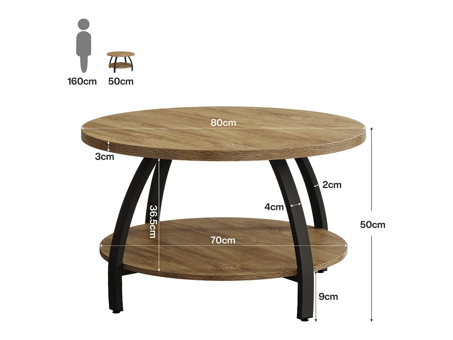 Mesa de Café Redonda de 80cm com Prateleiras de Armazenamento de 2 Andares, Mesa de Centro Pequena Rustica de Destaque
