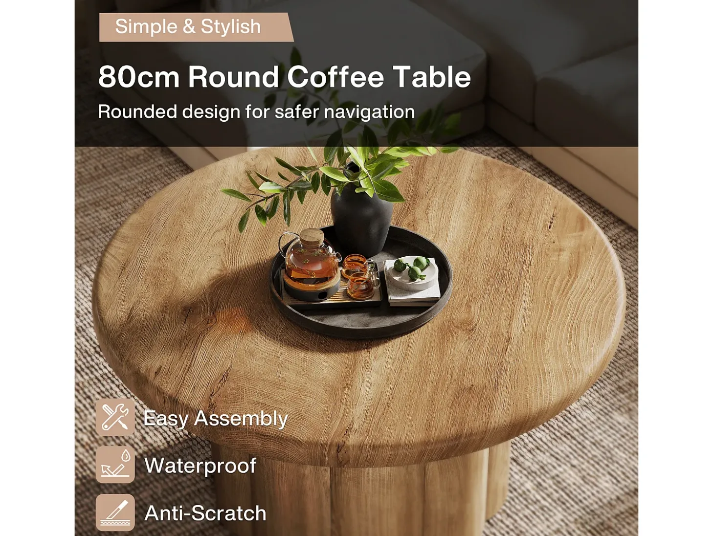 Mesa de Café Redonda de 80cm para Sala de Estar, Mesa de Cocktail Central Redonda no Estilo Rural
