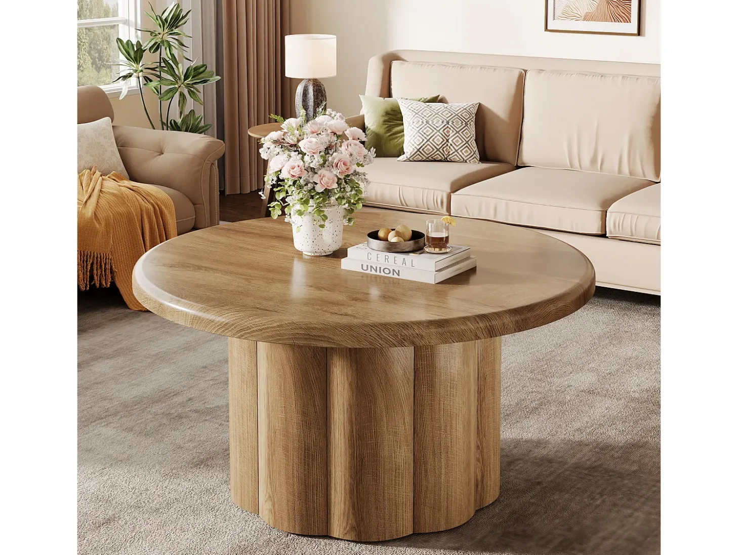 Mesa de Café Redonda de 80cm para Sala de Estar, Mesa de Cocktail Central Redonda no Estilo Rural