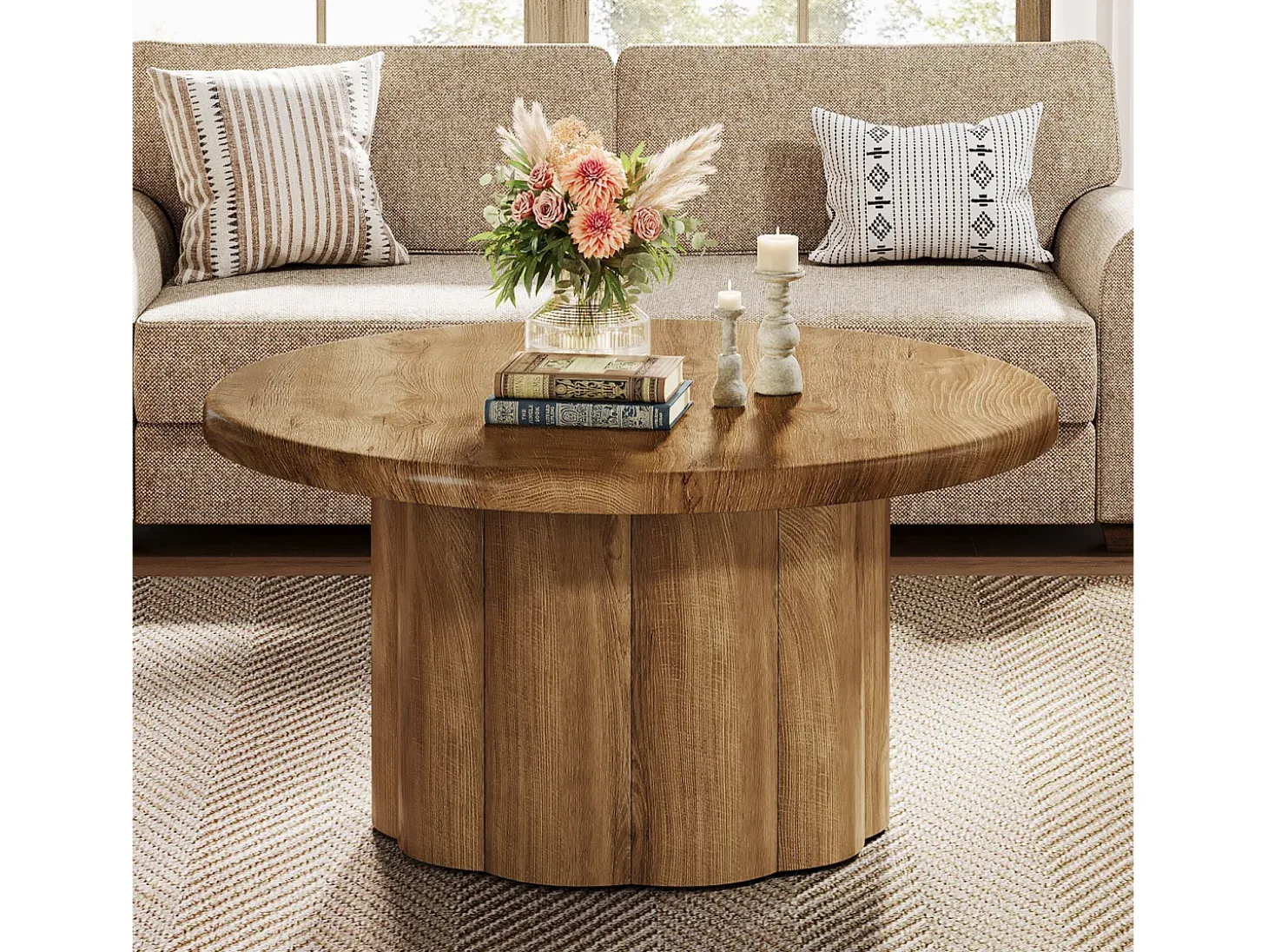Mesa de Café Redonda de 80cm para Sala de Estar, Mesa de Cocktail Central Redonda no Estilo Rural