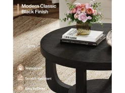Mesa de Café Redonda de 80cm, Mesa de Café Circular de 2 Andares com Armazenamento, Preto