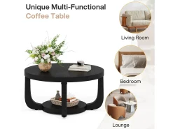 Mesa de Café Redonda de 80cm, Mesa de Café Circular de 2 Andares com Armazenamento, Preto