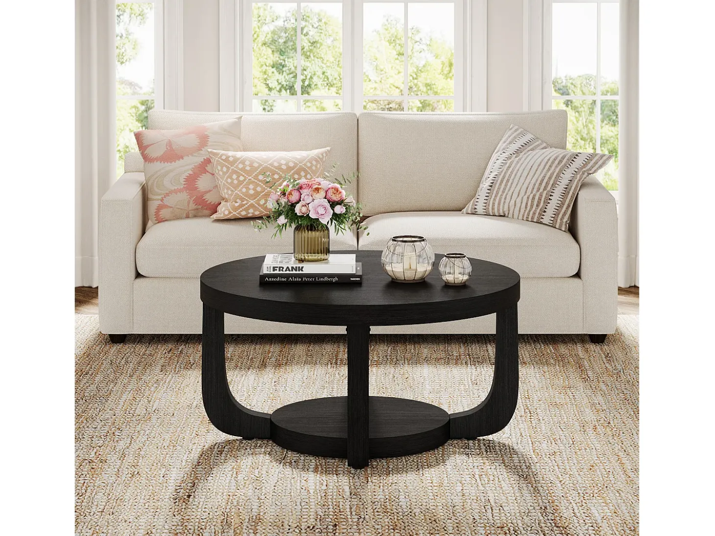 Mesa de Café Redonda de 80cm, Mesa de Café Circular de 2 Andares com Armazenamento, Preto