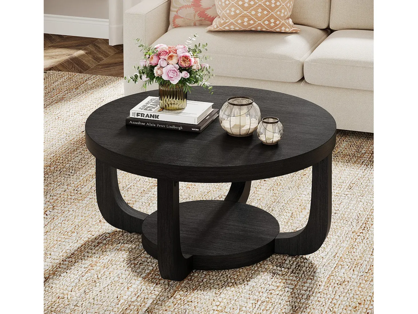 Mesa de Café Redonda de 80cm, Mesa de Café Circular de 2 Andares com Armazenamento, Preto