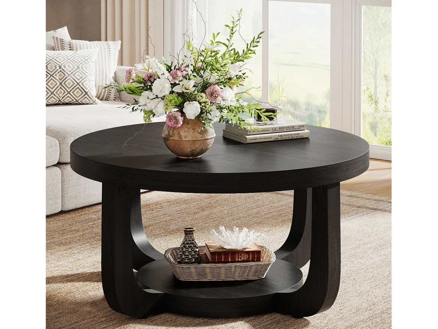 Mesa de Café Redonda de 80cm, Mesa de Café Circular de 2 Andares com Armazenamento, Preto