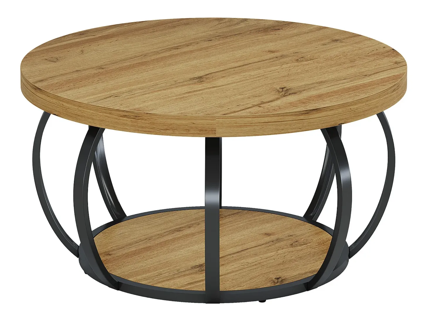 Mesa de Café Redonda, Mesa de Café Circular de 2 Andares com Prateleiras de Armazenamento, Mesa de Centro Moderna de Acento de Madeira Mesa Lateral de Sofá