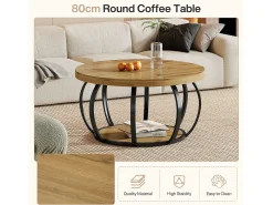 Mesa de Café Redonda, Mesa de Café Circular de 2 Andares com Prateleiras de Armazenamento, Mesa de Centro Moderna de Acento de Madeira Mesa Lateral de Sofá