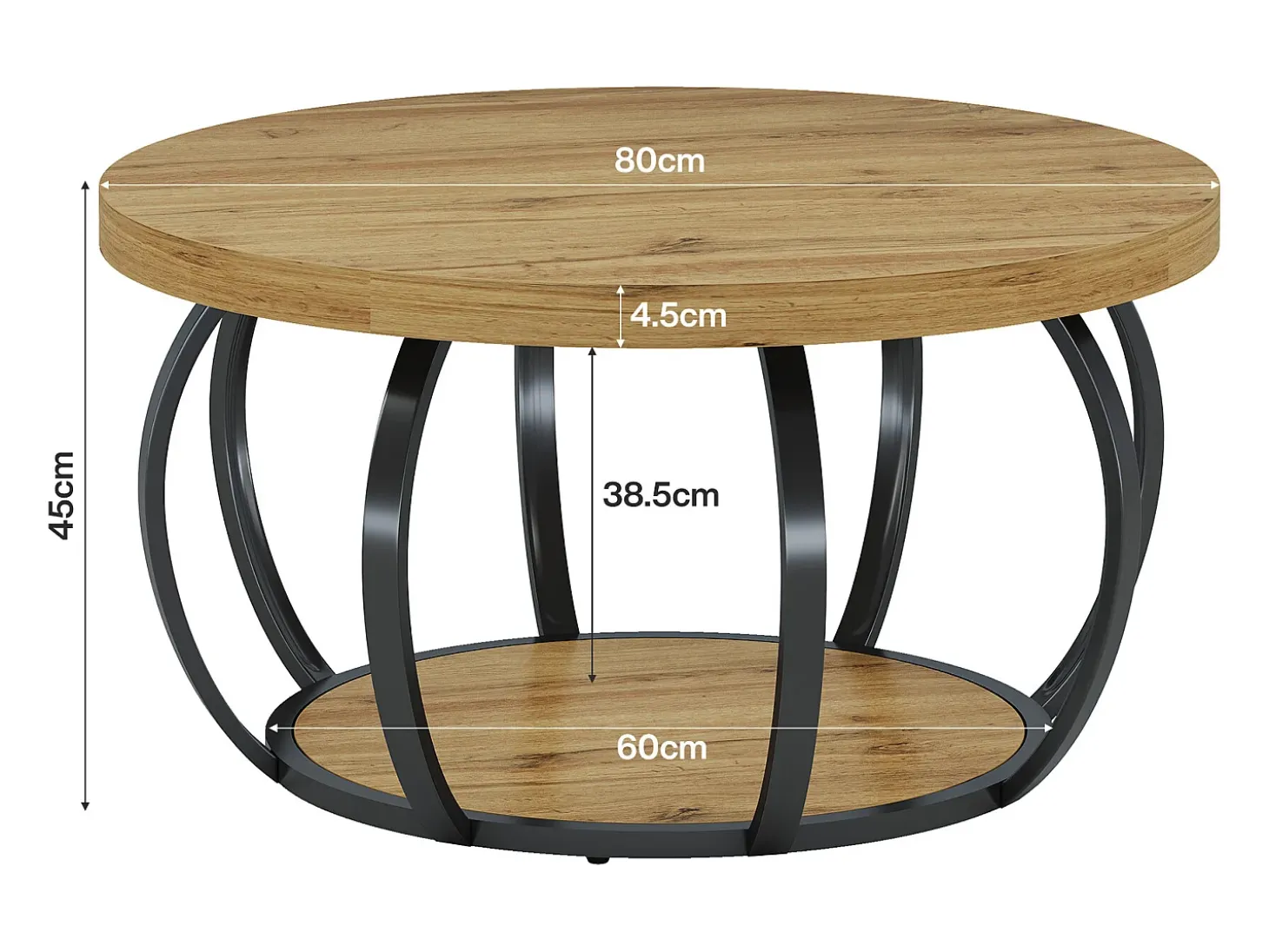 Mesa de Café Redonda, Mesa de Café Circular de 2 Andares com Prateleiras de Armazenamento, Mesa de Centro Moderna de Acento de Madeira Mesa Lateral de Sofá