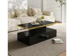 Mesa de café retangular com 1 gaveta e LED, 2 níveis de armazenamento, 100x50x39cm, preto