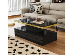Mesa de café retangular com 1 gaveta e LED, 2 níveis de armazenamento, 100x50x39cm, preto