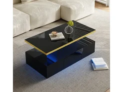 Mesa de café retangular com 1 gaveta e LED, 2 níveis de armazenamento, 100x50x39cm, preto