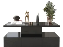 Mesa de centro - 1 gaveta e 2 prateleiras - aglomerado - LEDs - preto brilhante