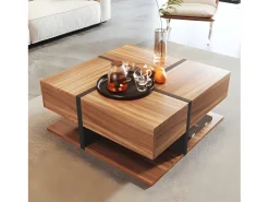 Mesa de centro - 4 gavetas - espaço de arrumação na parte inferior - 78x78x36cm - Natural