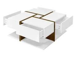 Mesa de centro - 4 gavetas - espaço de arrumação na parte inferior - 78x78x36cm - Branco e Castanho