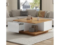 Mesa de centro 70×70×31,5 cm - com 3 gavetas - tampo quadrado - painel de partículas - branco + natural