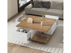 Mesa de centro 70×70×31,5 cm - com 3 gavetas - tampo quadrado - painel de partículas - branco + natural