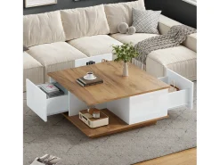 Mesa de centro 70×70×31,5 cm - com 3 gavetas - tampo quadrado - painel de partículas - branco + natural