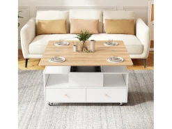 Mesa de centro 100×50×47.5 cm - com função dobrável - 4 gavetas - com rodinhas giratórias - branco + natural