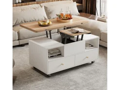Mesa de centro 100×50×47.5 cm - com função dobrável - 4 gavetas - com rodinhas giratórias - branco + natural
