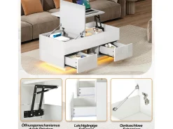 Mesa de centro elevatório e acabamento laqueado de alto brilho - 100 x 45 x 43 cm - com 2 gavetas + LEDs + espaço de armazenamento oculto - aglomerado - branca