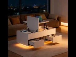 Mesa de centro elevatório e acabamento laqueado de alto brilho - 100 x 45 x 43 cm - com 2 gavetas + LEDs + espaço de armazenamento oculto - aglomerado - branca