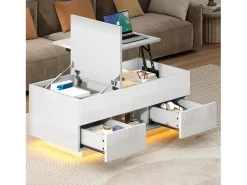Mesa de centro elevatório e acabamento laqueado de alto brilho - 100 x 45 x 43 cm - com 2 gavetas + LEDs + espaço de armazenamento oculto - aglomerado - branca