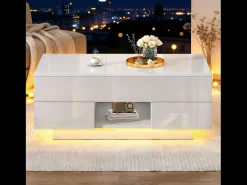 Mesa de centro elevatório e acabamento laqueado de alto brilho - 100 x 45 x 43 cm - com 2 gavetas + LEDs + espaço de armazenamento oculto - aglomerado - branca
