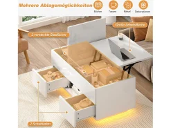 Mesa de centro elevatório e acabamento laqueado de alto brilho - 100 x 45 x 43 cm - com 2 gavetas + LEDs + espaço de armazenamento oculto - aglomerado - branca