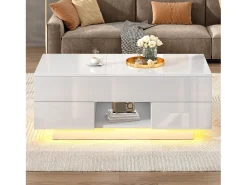 Mesa de centro elevatório e acabamento laqueado de alto brilho - 100 x 45 x 43 cm - com 2 gavetas + LEDs + espaço de armazenamento oculto - aglomerado - branca