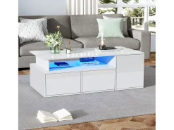 Mesa de centro 100 x 50 x 35 cm com iluminação LED e 2 gavetas - Branca