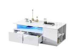 Mesa de centro 100 x 50 x 35 cm com iluminação LED e 2 gavetas - Branca